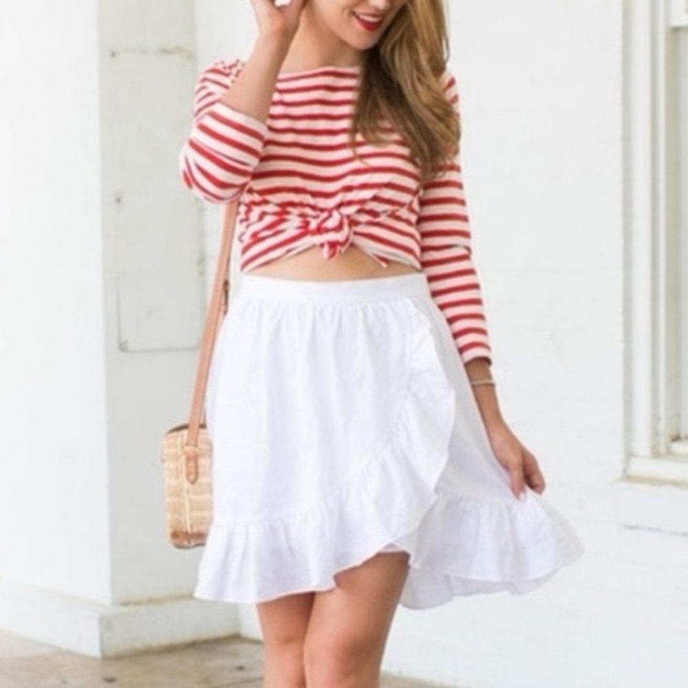 J Crew Linen Ruffle Faux Wrap Skirt White Size 8 resort spring mature vacation - Picture 3 of 11